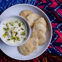 Happy Holi! Saffron and Cardamom Yogurt with Cream of Wheat Crisps ~ Shrikhand ane Safed Puri