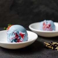 A Song of Ice and Fire ~ Butterfly Pea Goat Cheese Ice Cream with a Strawberry Habanero Swirl